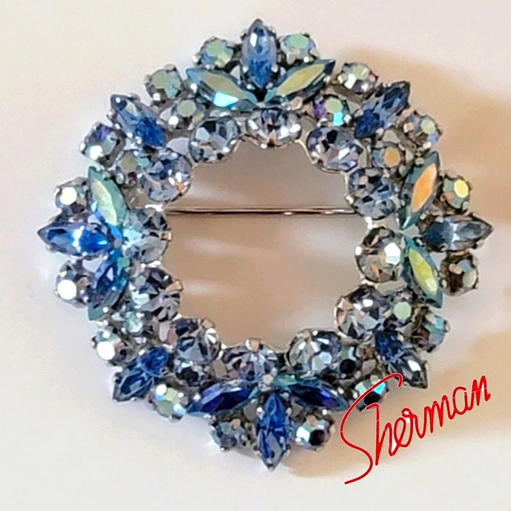 Vintage Signed Sherman Blue Aurora Borealis Rhinestone Wreath Brooch Canada